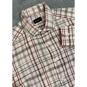Ermenegildo Zegna Men's M Linen Blend Button Up Shirt Ruby/Brown/White Plaid